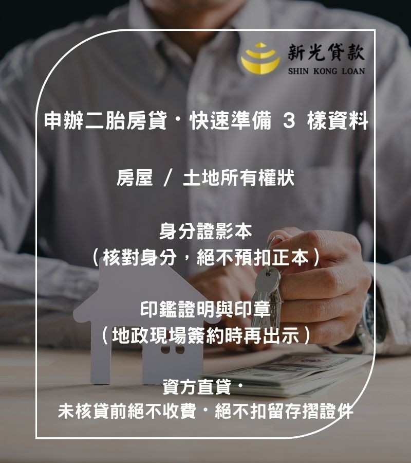 新光二胎貸款申辦應備文件:權狀影本、身分證影本,資方直貸絕不預扣證件