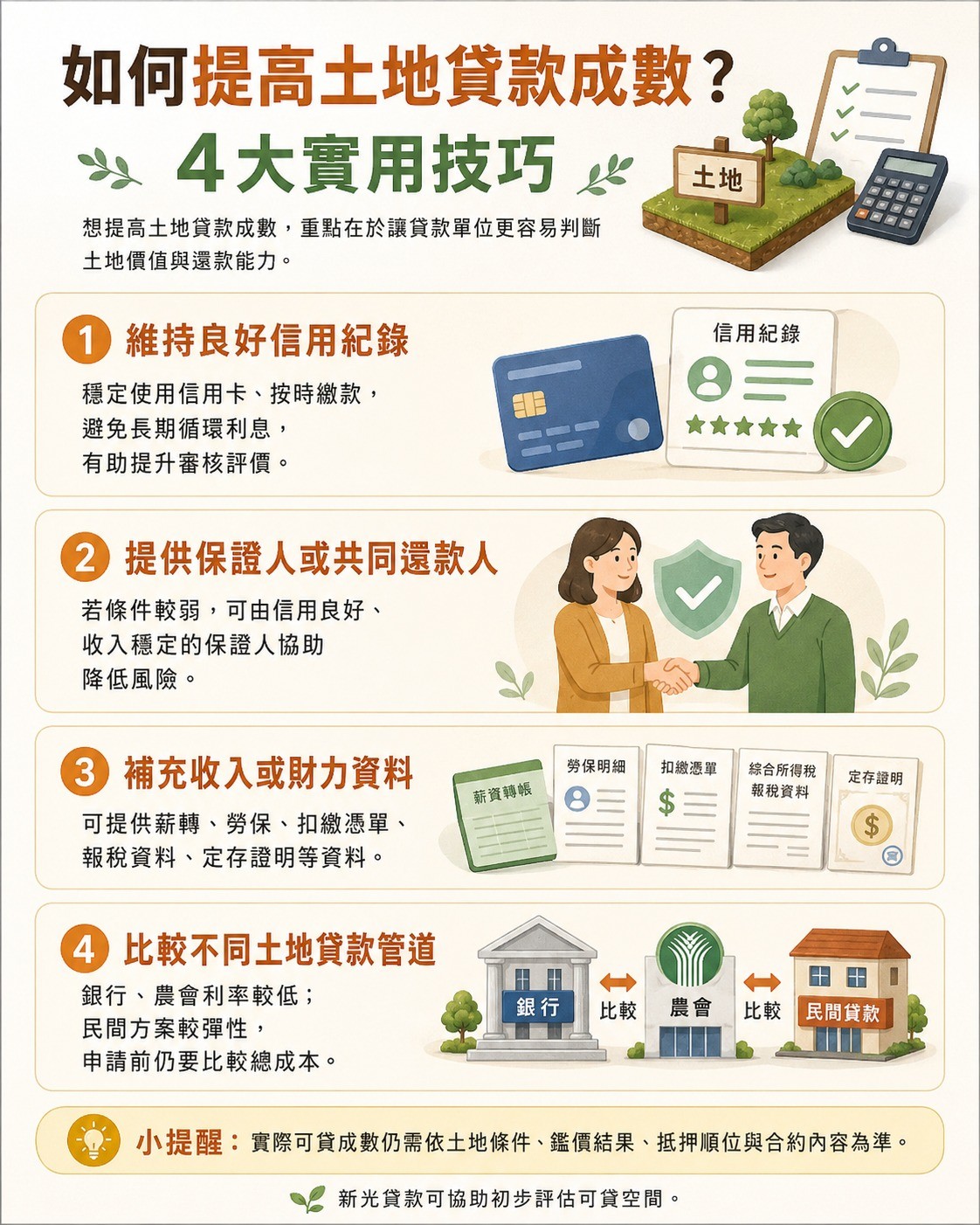 如何提高土地貸款成數？信用紀錄、保證人與財力資料等4大實用技巧圖卡