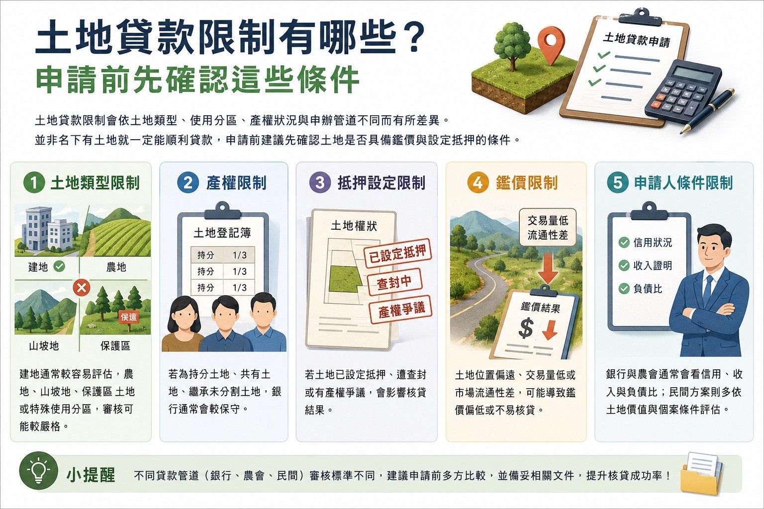 土地貸款限制有哪些？土地類型、產權與鑑價等5大申請條件限制圖卡